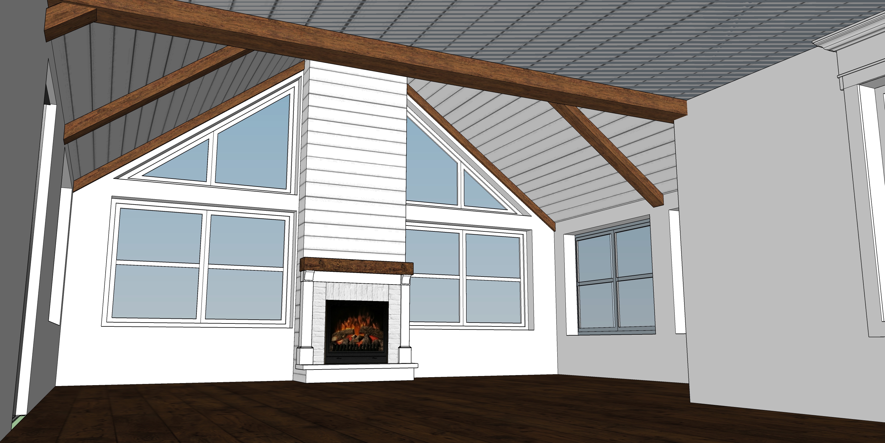 Verrière avec foyer et poutres