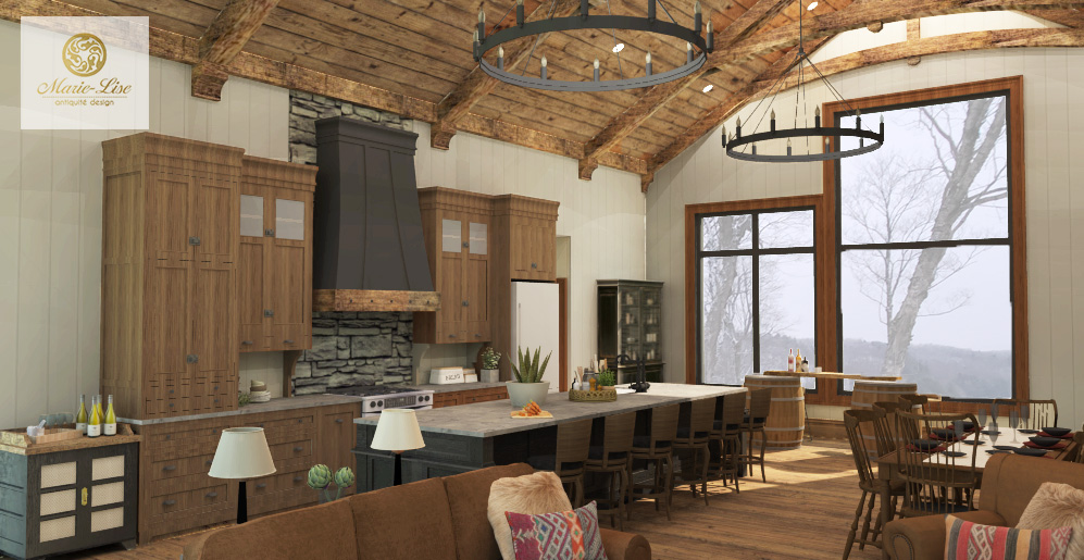 Cuisine et meubles pour un chalet au sommet d'une montagne.